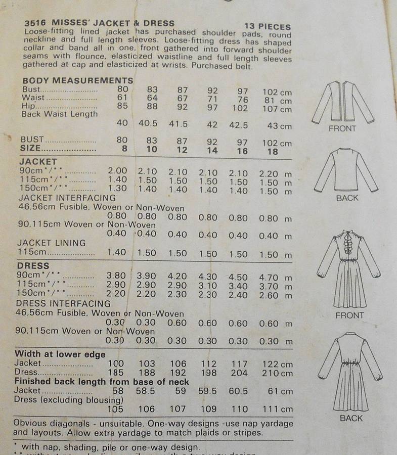 BUTTERICK 3516 LOOSE FITTING UNLINED JACKET & DRESS SIZE 12 COMPLETE-PART CUT