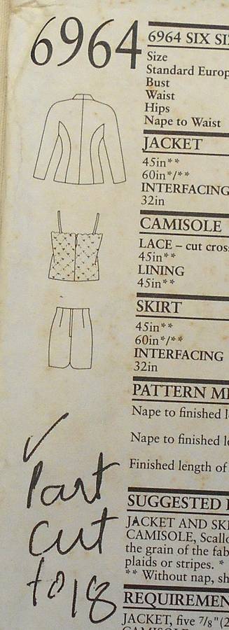 NEW LOOK PATTERNS 6964 JACKET WITH SHAPED NECKLINE-SKIRT-CAMISOLE SIZE 6-16 COMPLETE-PART CUT TO 12