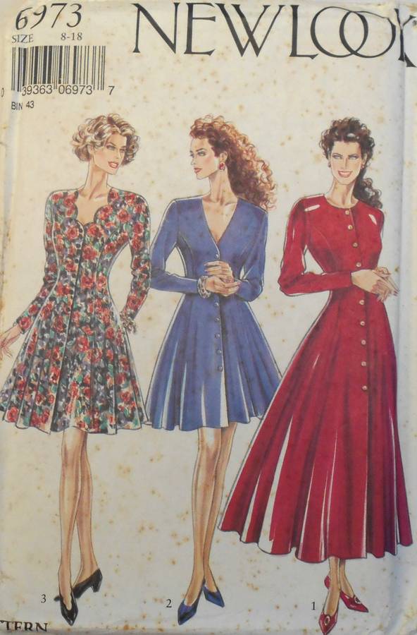 NEW LOOK PATTERNS 6973 FLARED DRESS WITH NECKLINE VARIATIONS SIZE 8-18 COMPLETE-UNCUT-F/FOLDED