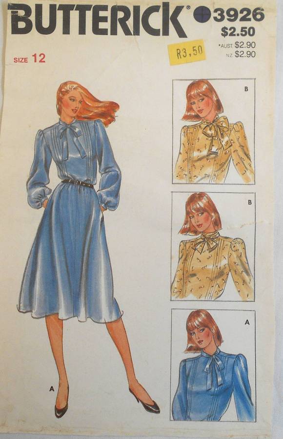 BUTTERICK 3926 LOOSE FITTING DRESS WITH BOW SIZE 12 COMPLETE-UNCUT-F/FOLDED
