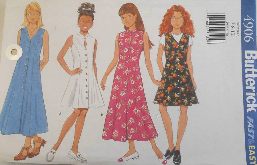 BUTTERICK 4906 CLOSE FITTING FRONT BUTTON A LINE DRESS SIZE 7-8-10 YEARS COMPLETE-CUT TO 10