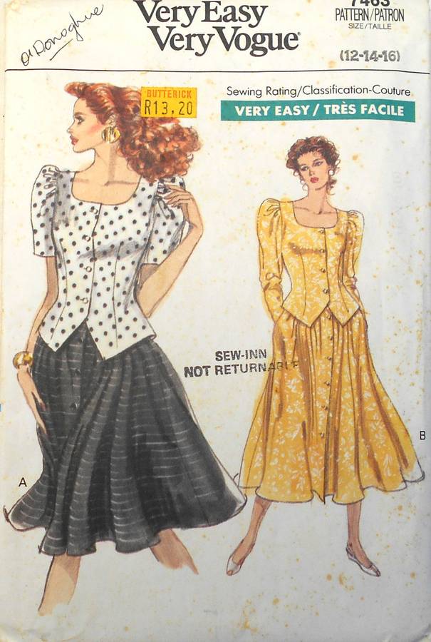 VOGUE 7463 TOP-SKIRT SIZE 12-14-16 COMPLETE-CUT TO 12