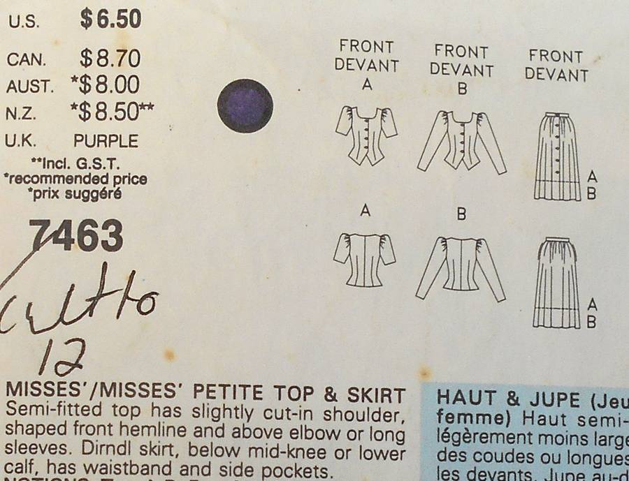 VOGUE 7463 TOP-SKIRT SIZE 12-14-16 COMPLETE-CUT TO 12