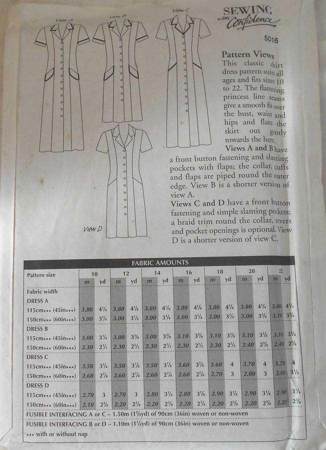 SEWING WITH CONFIDENCE 16 SHIRT DRESS SIZE 10-22 -COMPLETE-UNCUT-F/FOLDED