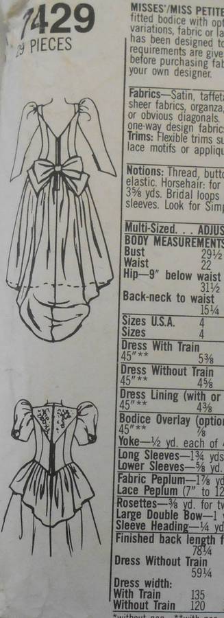 SIMPLICITY 7429 LINED BRIDAL DRESS SIZE 8-16 COMPLETE-PART CUT TO 16