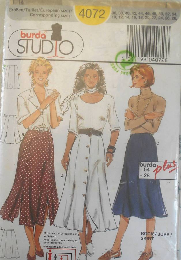BURDA 4072 FLARED SKIRTS SIZE 10-28 COMPLETE CUT TO 18