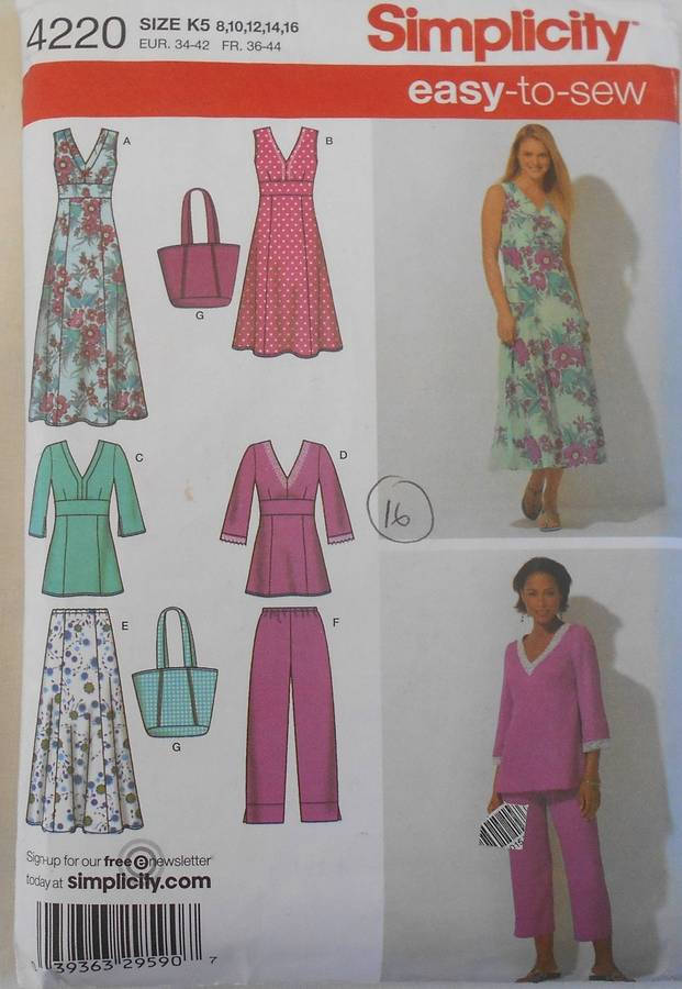 SIMPLICITY 4220 SKIRT-CROPPED PANTS-PULLOVER DRESS-TUNIC-BAG SIZE 8-16 COMPLETE-CUT TO 16