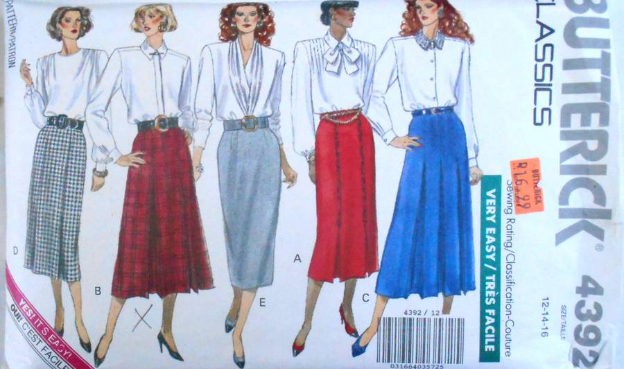 BUTTERICK 4392 SET OF SEMI FITTED SKIRTS SIZE 12-14-16 COMPLETE-CUT TO 16