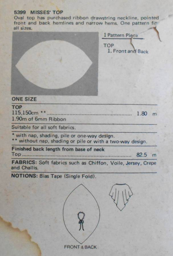 BUTTERICK 5399 ONE PIECE TOP ONE SIZE COMPLETE-ZIPLOC