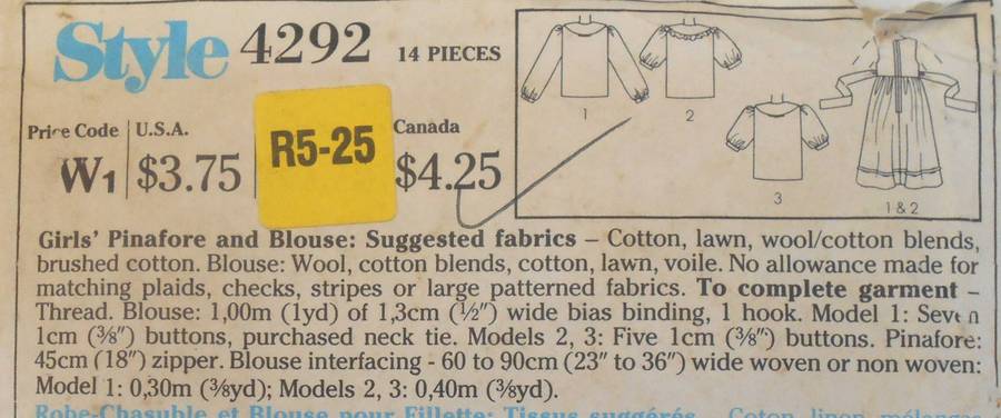 STYLE 4292 GIRLS PINAFORE & BLOUSE SIZE 7-8-10 YEARS COMPLETE - CUT TO 10 YEARS