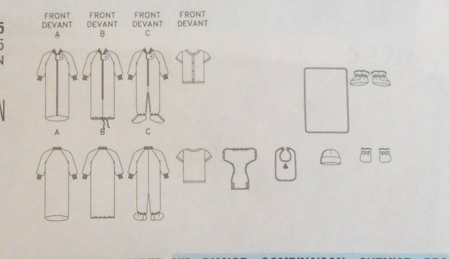 BUTTERICK 5220 INFANTS BUNTING-JUMPSUIT-SHIRT-DIAPER COVER-HAT-BIB-MITTENS-BOOTIES-BLANKET-CUT TO M