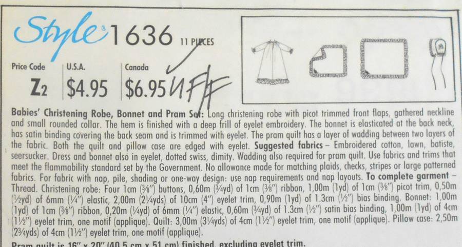 STYLE 1636 CHRISTENING ROBE-BONNET-PRAM SET SIZE NB-6M-12M COMPLETE-UNCUT-F/FOLDED