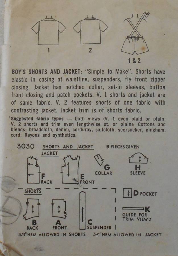 VINTAGE SIMPLICITY 3030-BOYS SHORTS & JACKET SIZE 4 YEARS COMPLETE-ZIPLOC