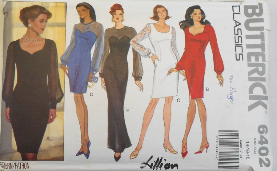 BUTTERICK 6402 STUNNING DRESS WITH SHEER YOKE & SLEEVES SIZE 14-16-18 COMPLETE-CUT TO 18