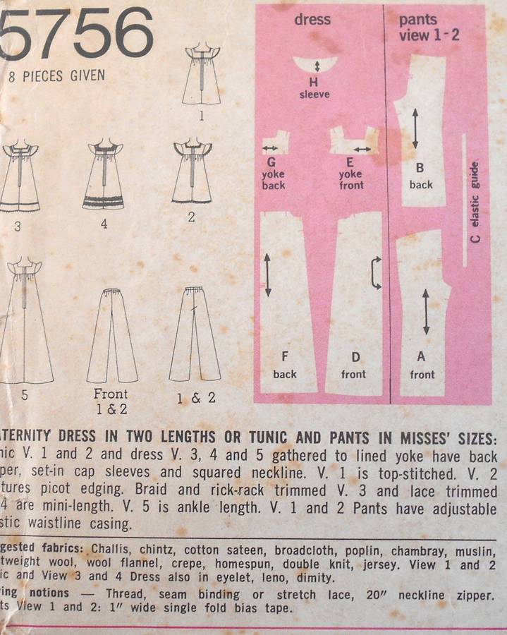 SIMPLICITY 5756 MATERNITY DRESS-TUNIC-PANTS SIZE 12 YEARS BUST 34 COMPLETE