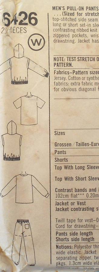 SIMPLICITY 6426 MEN'S TRACKSUIT PULL ON SHORTS/PANTS-PULLOVER TOP-JACKET SIZE MEDIUM 38-40 COMPLETE