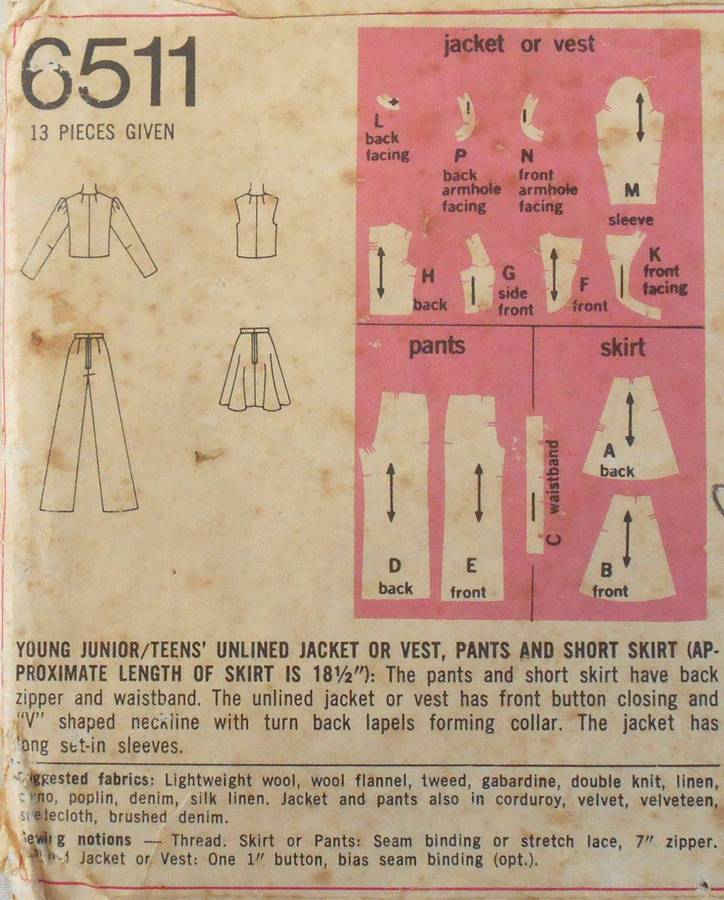 SIMPLICITY 6511 UNLINED JACKET-WAISTCOAT-PANTS-SHORT SKIRT SIZE 9/10 COMPLETE