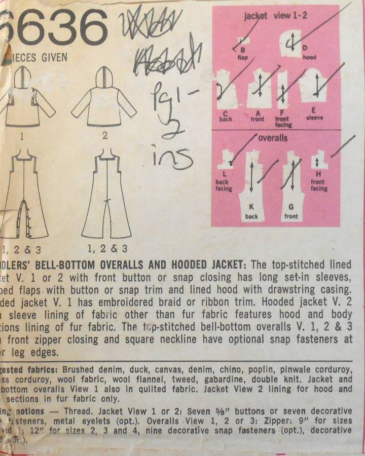 SIMPLICITY 6636 TODDLERS BELLBOTTOM OVERALLS-HOODED JACKET SIZES 3-4 YEARS CHEST 20-21 NO SEWING INS