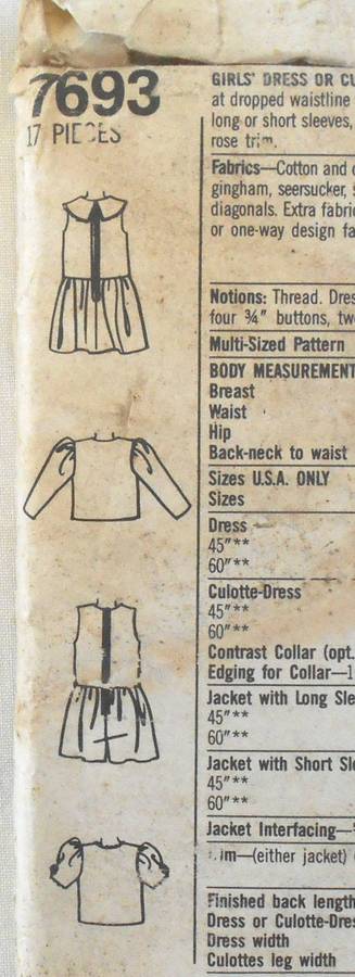 SIMPLICITY 7693 GIRLS DRESS OR CULOTTE DRESS+JACKET SIZE 7-10 YEARS COMPLETE-UNCUT-F/FOLDED