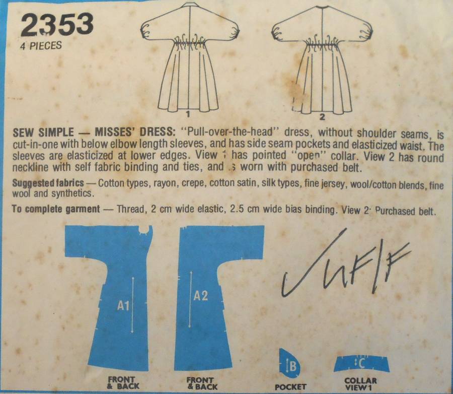 STYLE 2353-PULLOVER DRESS SIZE 12 BUST 87 CM COMPLETE-UNCUT-F/FOLDED