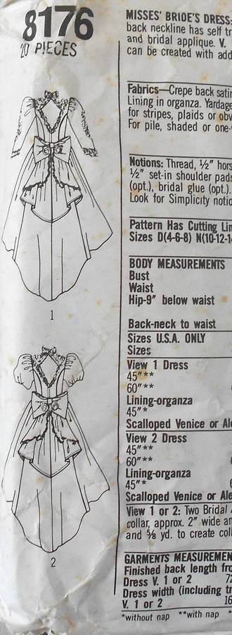 SIMPLICITY 8176 BRIDAL DRESSP SIZE 10-12-14 COMPLETE-CUT TO 14