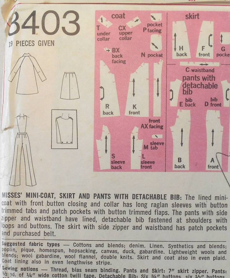 SIMPLICITY 8403 MINI COAT-SKIRT-PANTS-DETACHABLE BIB SIZE 12 BUST 34-COMPLETE