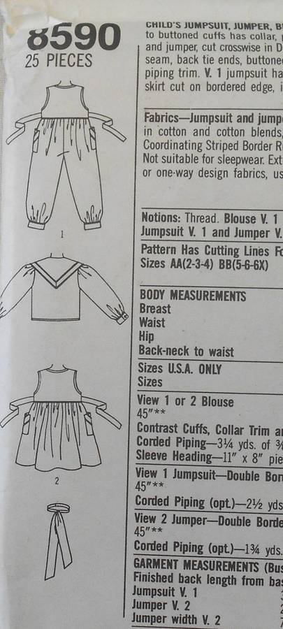SIMPLICITY 8590 GIRLS JUMPSUIT-PINAFORE-BLOUSE-BOW TIE SIZE 2-4 YEARS COMPLETE-CUT TO 4