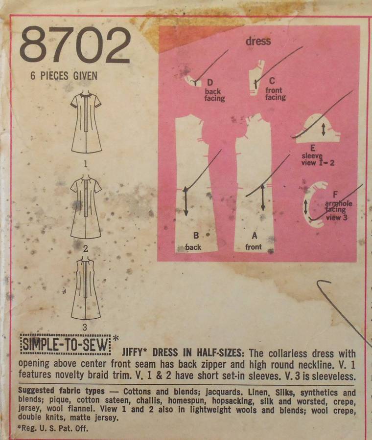 SIMPLICITY 8702 JIFFY DRESS SIZE 14 1/2 BUST 37 COMPLETE