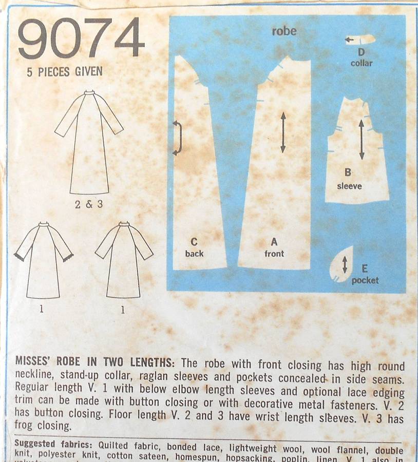 SIMPLICITY 9074 ROBE IN 2 LENGTHS SIZE 14 BUST 92 CM - NO POCKET SUPPLIED