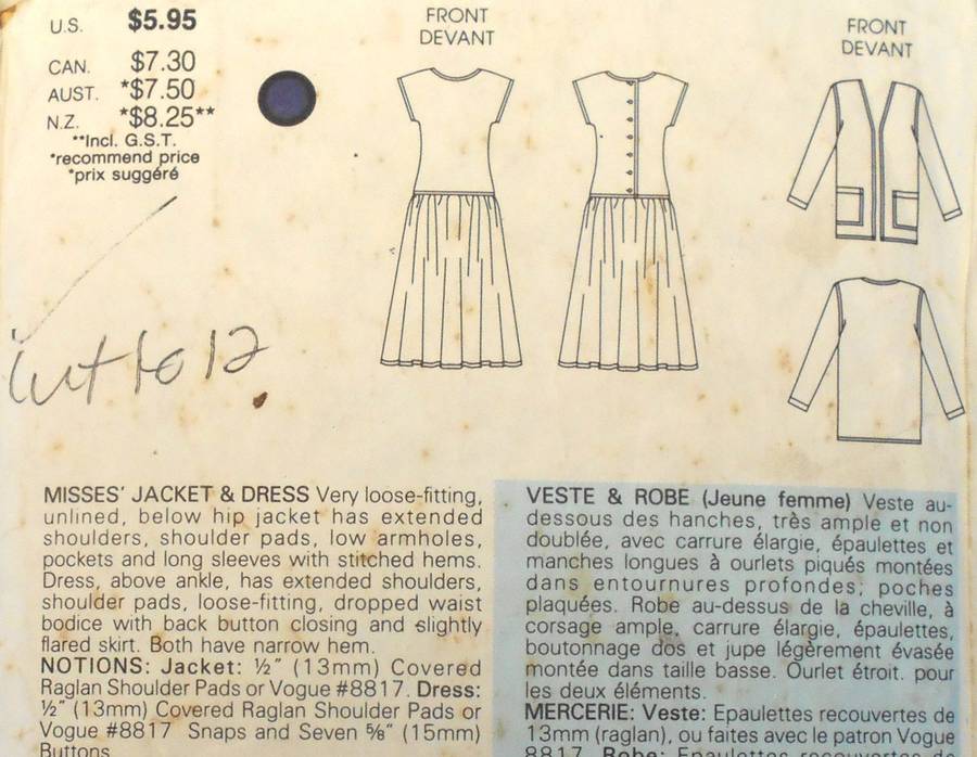 VOGUE 9845 JACKET & DRESS SIZE 8-10-12 COMPLETE-CUT TO 12