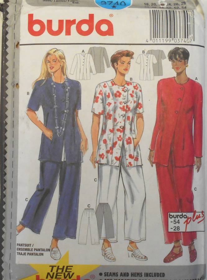 BURDA 3740 PANTSUIT SIZE 18-20-22-24-26-28 COMPLETE-UNCUT-F/FOLDED