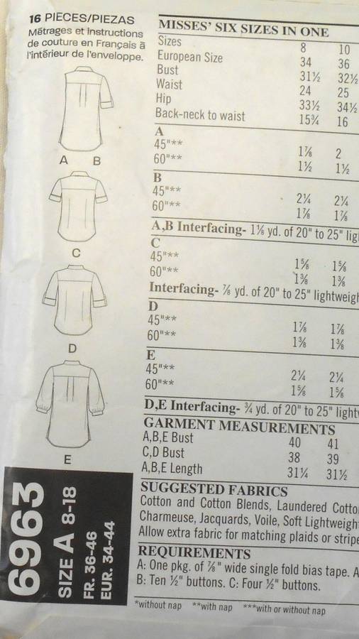 NEW LOOK PATTERNS 6963 COLLARED SHIRT WITH SLEEVE VARIAITIONS SIZE 8-18 COMPLETE CUT TO 18