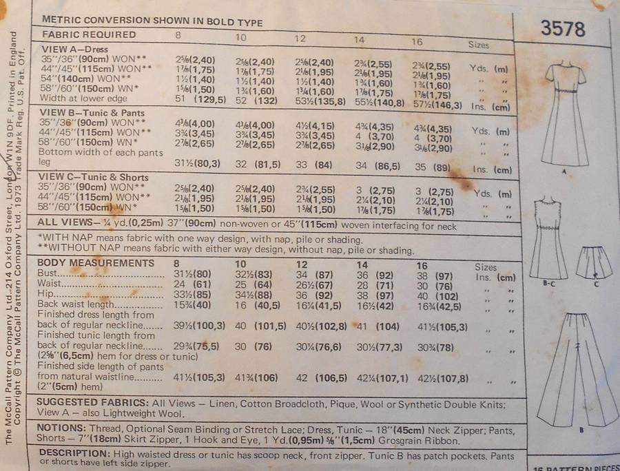 VINTAGE McCALLS 3578 DRESS-TUNIC & PANTS SIZE 12 BUST 34" COMPLETE