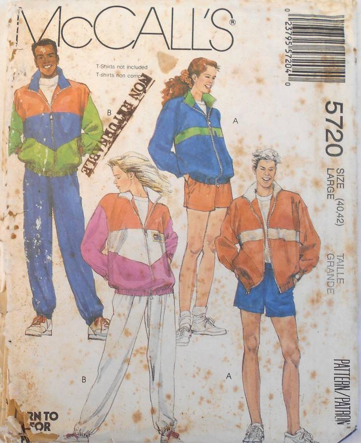 McCALLS 5720 UNISEX TRACKSUIT JACKET-PANTS-SHORTS (UNLINED/LINED SIZE L40-42 COMPLETE