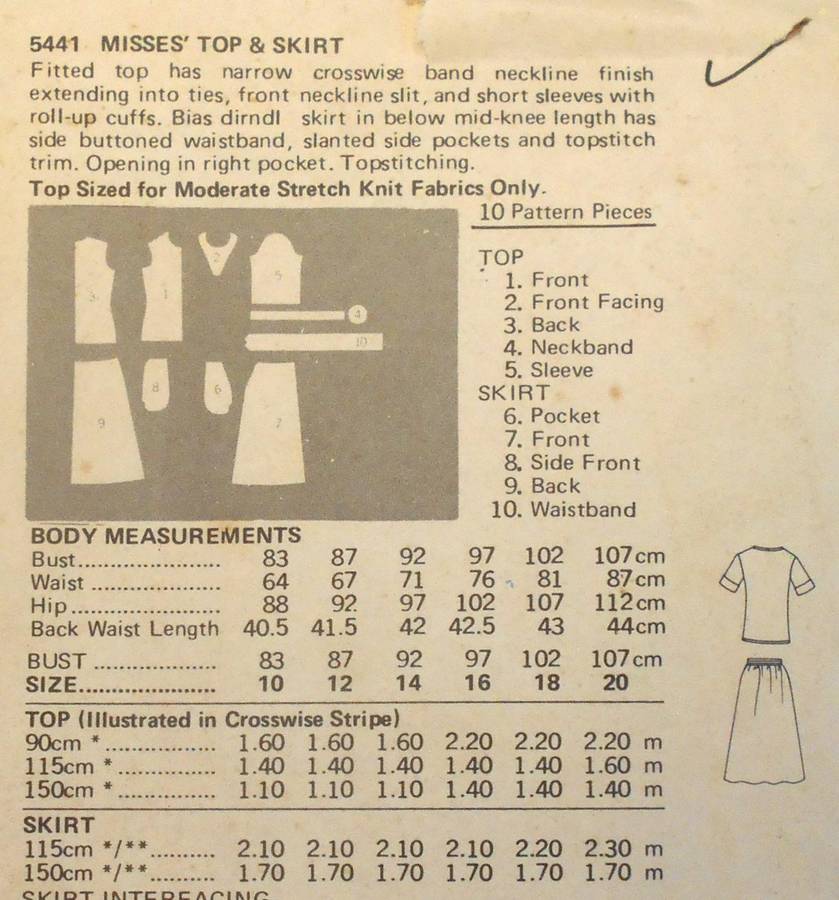 BUTTERICK 5441 TOP & SKIRT SIZE 10 COMPLETE