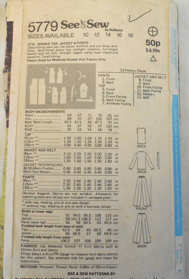 BUTTERICK 5779 JACKET-TOP-PANTS SIZE 16 COMPLETE