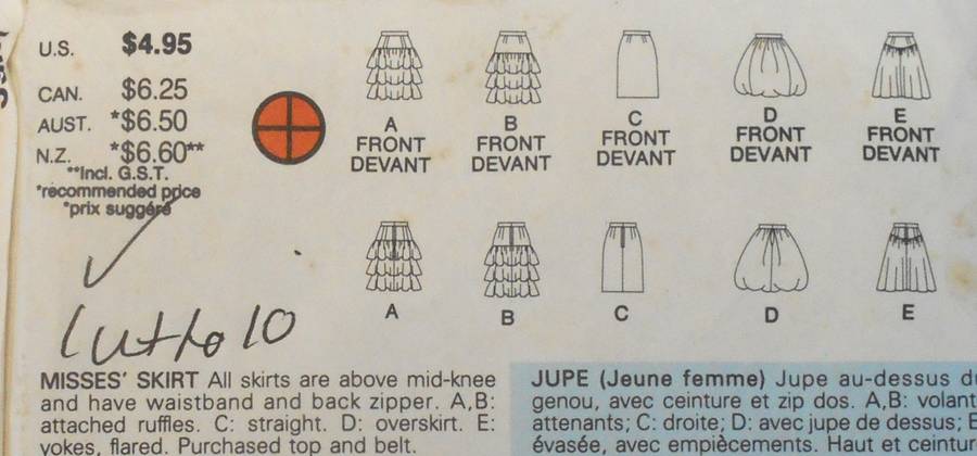 BUTTERICK 5907 SET OF SKIRTS WITH WAISTBANDS SIZE 6-8-10 COMPLETE-CUT TO 10