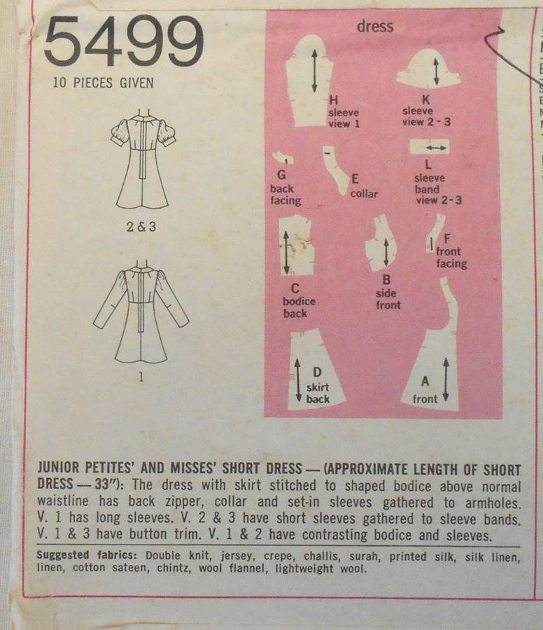 SIMPLICITY 5499 SHORT DRESS SIZE 12 BUST 34 COMPLETE