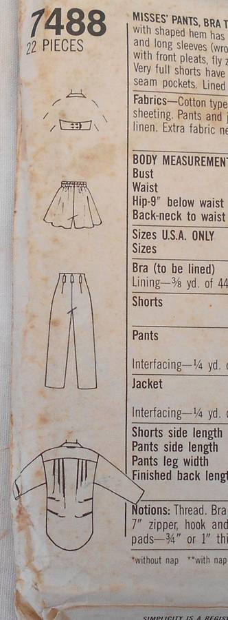SIMPLICITY 7488 PANTS-BRA-TOP-PULL ON SHORTS-OVERSIZED UNLINED JACKET SIZE 12 COMPLETE