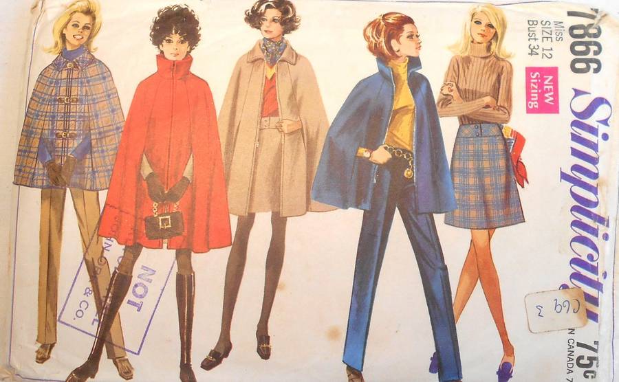 VINTAGE SIMPLICITY 7866 CAPE IN 2 LENGTHS-PANTS-SKIRT SIZE 12 BUST 34-COMPLETE