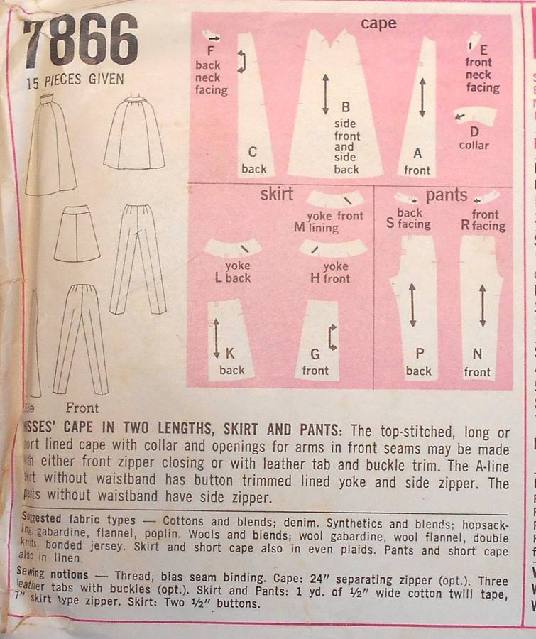 VINTAGE SIMPLICITY 7866 CAPE IN 2 LENGTHS-PANTS-SKIRT SIZE 12 BUST 34-COMPLETE