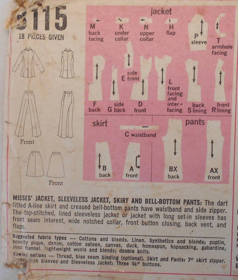 VINTAGE SIMPLICITY 8115 JACKET-SLEEVELESS JACKET-SKIRT-BELL BOTTOM PANTS SIZE 12 BUST 34 COMPLETE