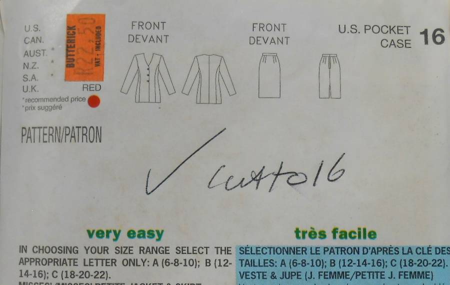 BUTTERICK 5346 JACKET-SKIRT SIZE 12-14-16 COMPLETE-CUT TO 16