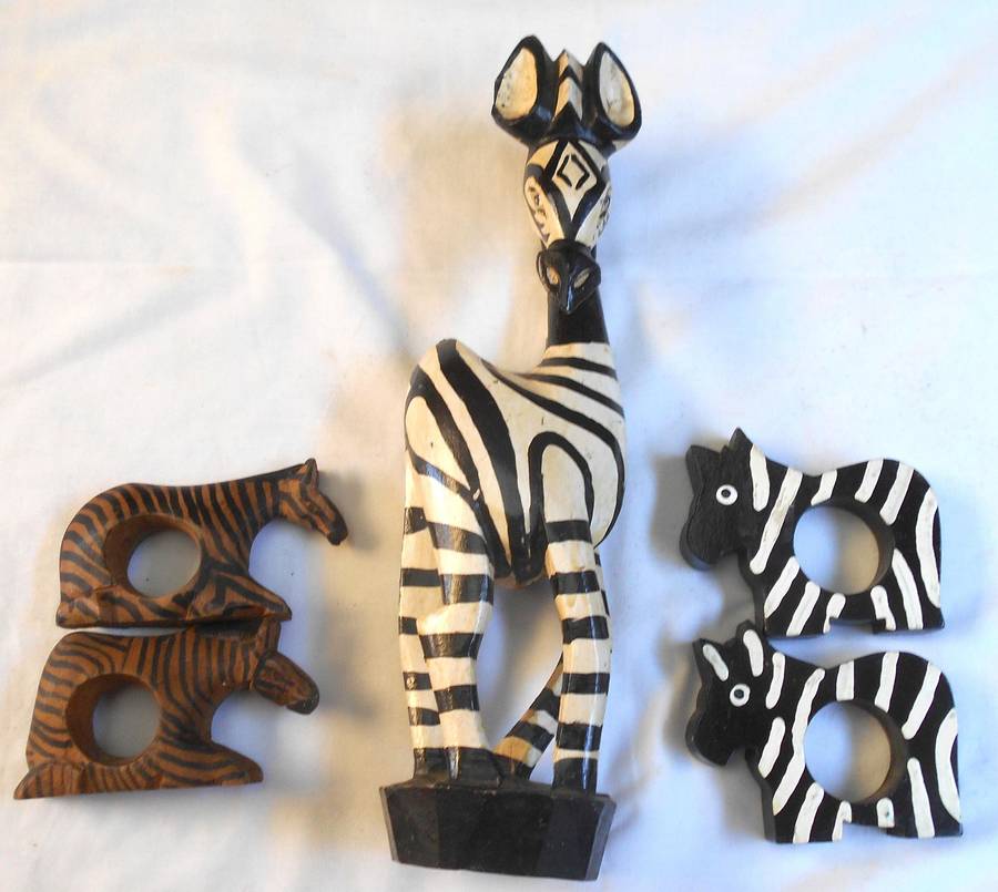 HANDMADE WOOD ZEBRA FIGURENE & TWO PAIRS OF DIFFERENT ZEBRA SHAPED NAPKIN RINGS