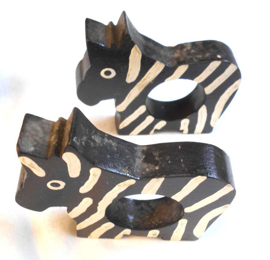 HANDMADE WOOD ZEBRA FIGURENE & TWO PAIRS OF DIFFERENT ZEBRA SHAPED NAPKIN RINGS