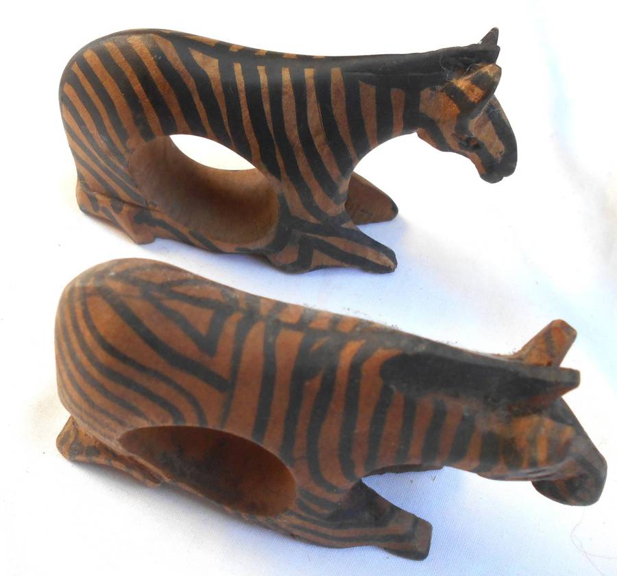 HANDMADE WOOD ZEBRA FIGURENE & TWO PAIRS OF DIFFERENT ZEBRA SHAPED NAPKIN RINGS