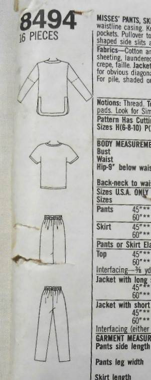 SIMPLICITY 8494 PANTS-SKIRT-TOP-UNLINED JACKET SIZE 12-16 COMPLETE-UNCUT-F/FOLDED-ZIPLOC