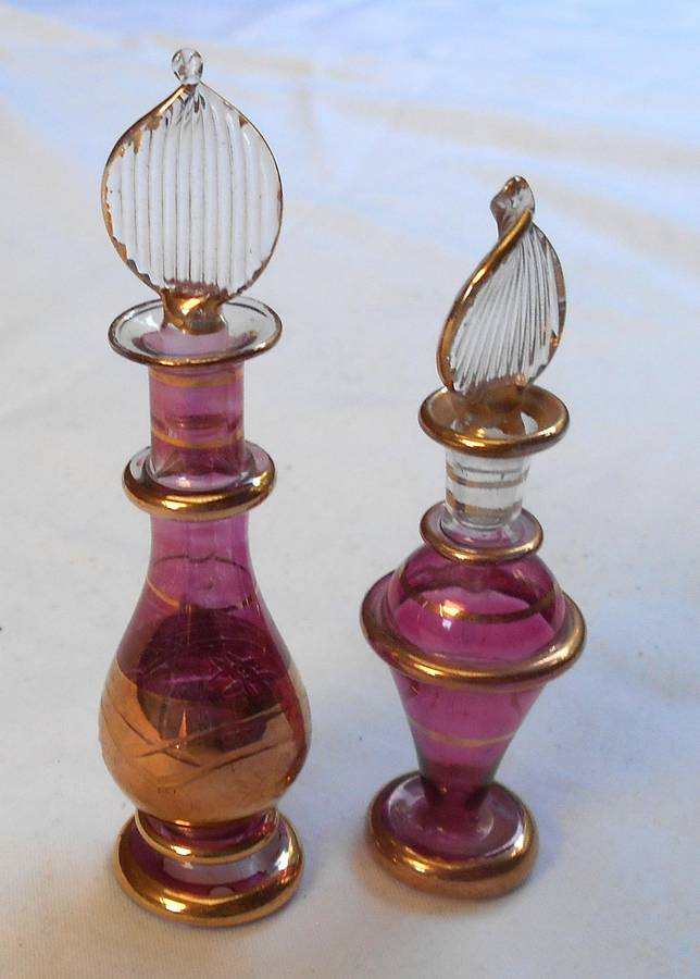 STUNNING two MINIATURE MAUVE/PURPLE COLOUR EGYPTIAN GLASS PERFUME BOTTLES WITH DAPPERS