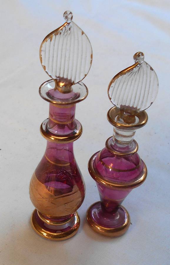 STUNNING two MINIATURE MAUVE/PURPLE COLOUR EGYPTIAN GLASS PERFUME BOTTLES WITH DAPPERS