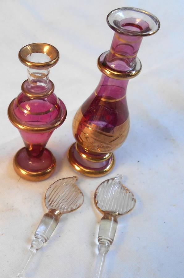 STUNNING two MINIATURE MAUVE/PURPLE COLOUR EGYPTIAN GLASS PERFUME BOTTLES WITH DAPPERS